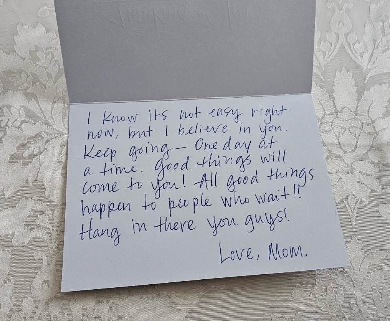 Example handwritten card written in blue ink